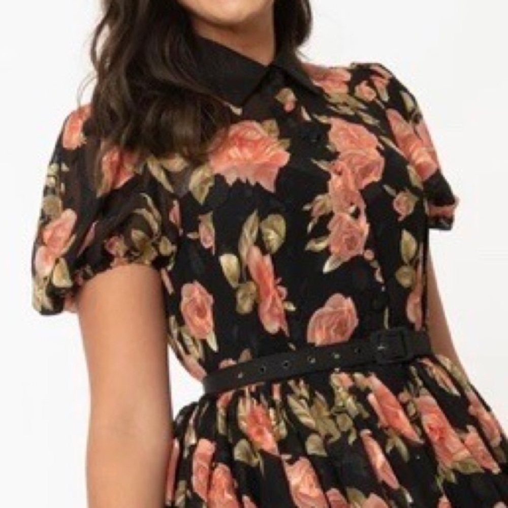 Unique Vintage Black Floral Fit-and-Flare Dress with Peach Roses - Picture 2 of 13